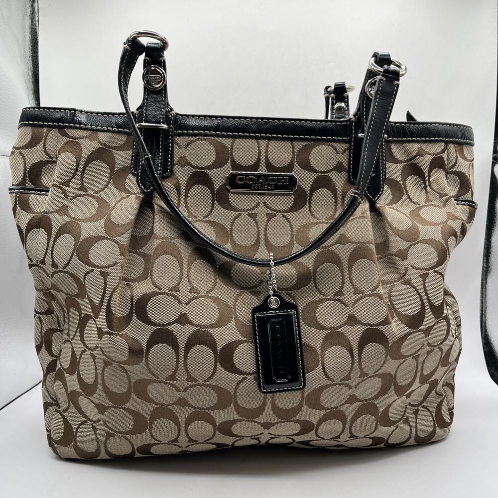 Coach F16566 Signature Jacquard North South Tote Bag Purse Khaki Mahogany RARE